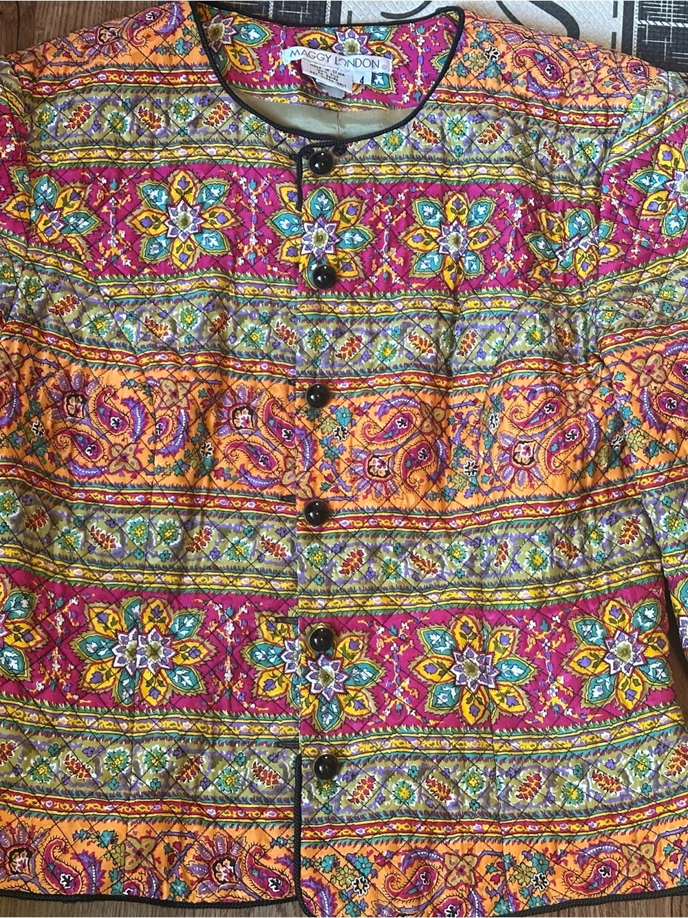 Maggy London Pink Orange Green Quilted Floral Button Jacket